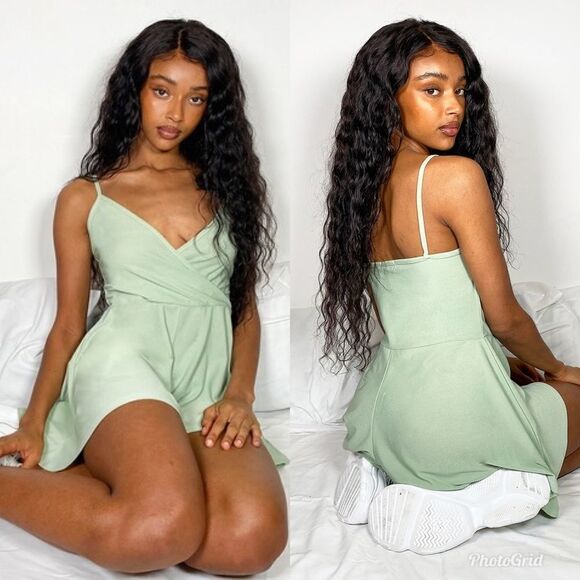 PrettyLittleThing Sage Green Crepe Strappy Wrap Romper - Picture 1 of 7